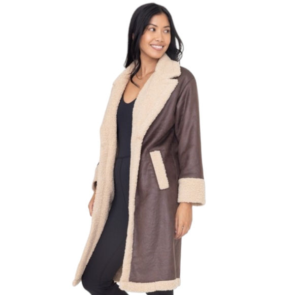166. Women's Brown Faux Suede Sherpa Long Coat NWT - Picture 3 of 5